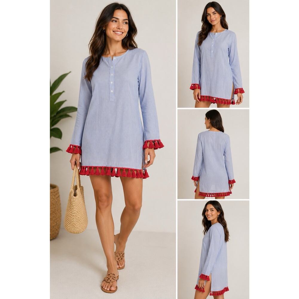 Tory Burch Blue Stripe Tassel Tunic Blouse Cover-Up Top Size S